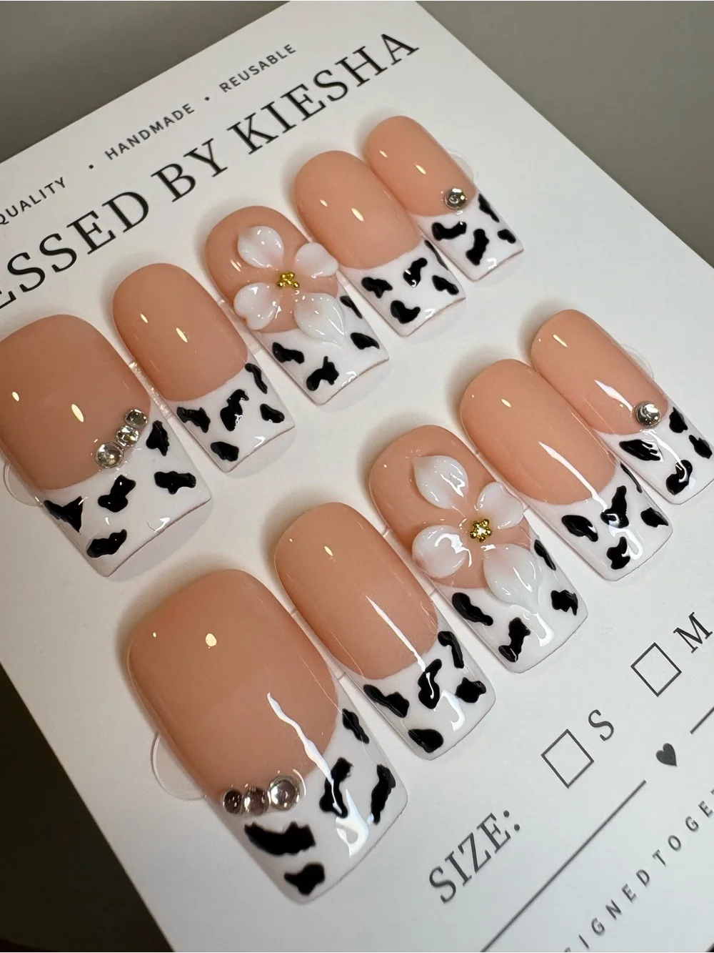 Nude & Black Cow Print Press-On Nails with Floral Accent